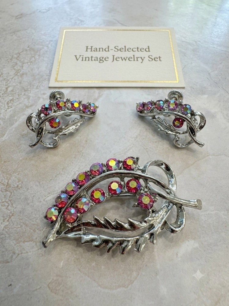 Vintage 1950’s Pink Aurora Borealis Rhinestone Brooch and Screwback Earrings Set