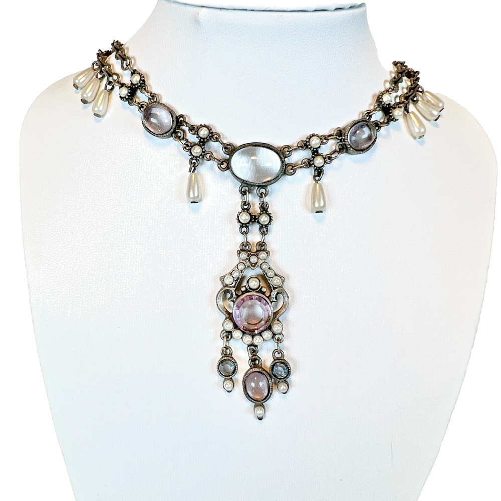 Vintage Moonstone Rhinestone Simulated Pearl Necklace Victorian Poured Glass