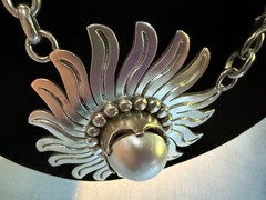 TAXCO MEXICO LPV VTG STERLING SUNFLOWER MABE PEARL BOLD STATEMENT NECKLACE 123g