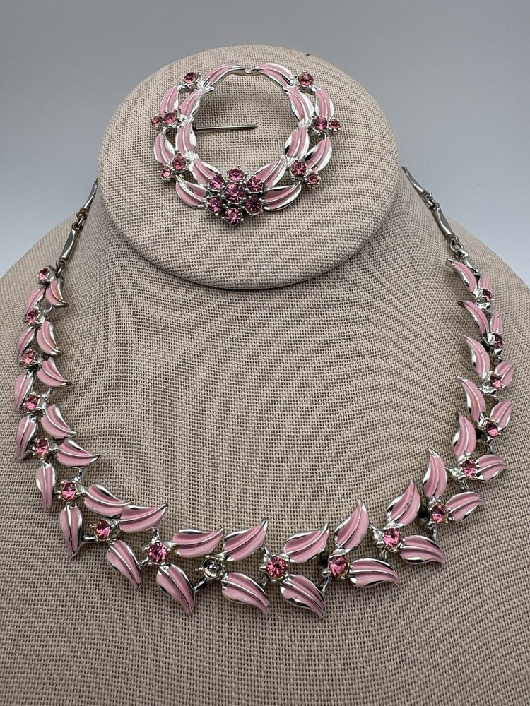 Vintage Pink Enamel Rhinestone Necklace And Pin Set- See Description