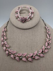 Vintage Pink Enamel Rhinestone Necklace And Pin Set- See Description