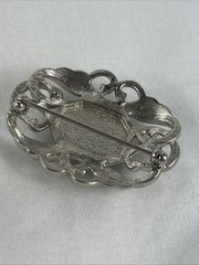 Ornate Brooch Pin Blue Glass Stone 1.5” Silver Tone Vintage