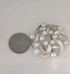 Vintage signed Lisner Silver tone Faux Pearl Baguette Crystal Brooch 1960s