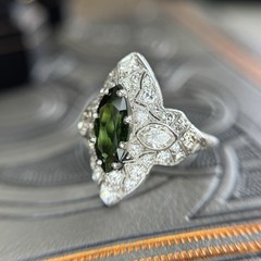 Art Deco Marquise Green Tourmaline Diamond Platinum Ring