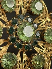 Vintage Celebrity Rhinestone Brooch Green Gold Tone Signed NY “GLOWS”