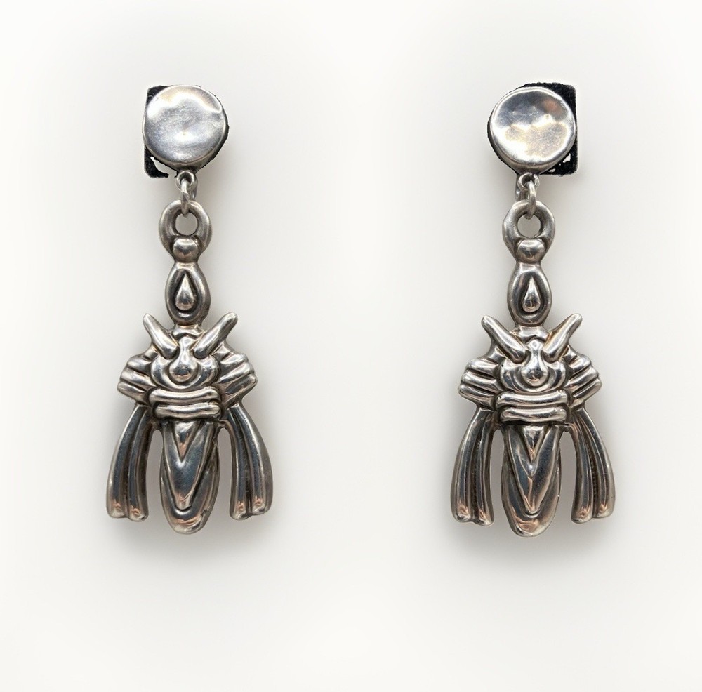 Old Pawn Early Mexican Sterling Silver Dangle Earrings Screwback – 2 1/2″