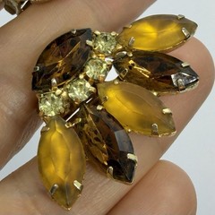 Vtg Art Deco Marquise Rhinestone Statement Orange Brown Climber Earrings Clip-on