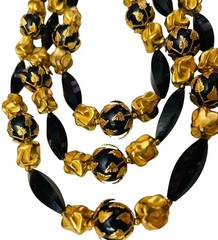 VTG DEAUVILLE LUCITE BLACK GOLD TRIPLE STRAND BEADS METAL SIGNED NECKLACE 12-14”