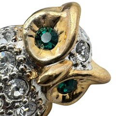 Gold-Tone Rhinestone Owl Lapel Pin Brooch With Green Eyes & Secure Clasp