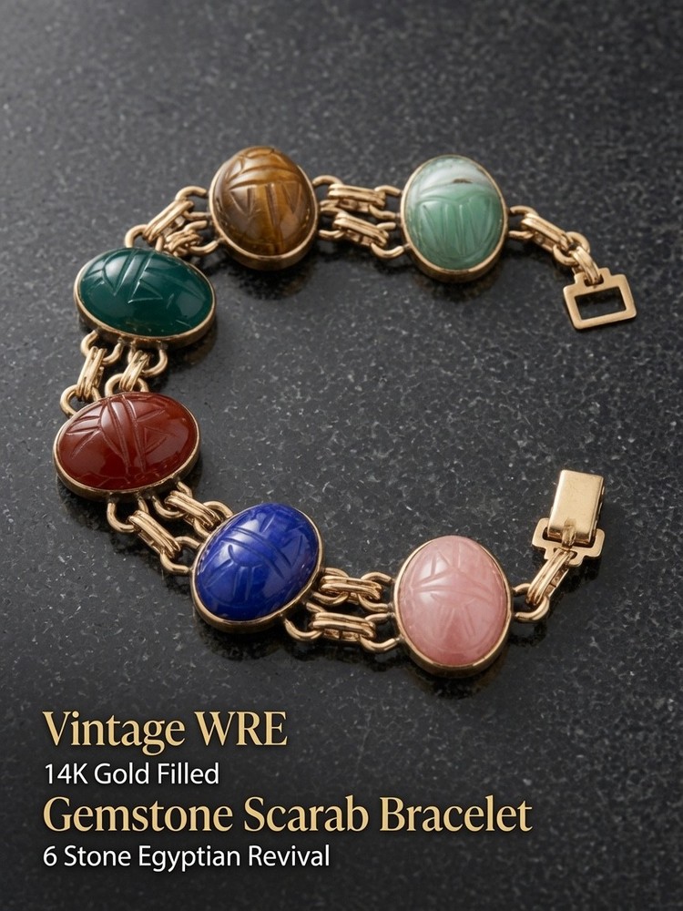 Vintage WRE 14K Gold Filled Gemstone Scarab Bracelet 6 Stone Egyptian Revival