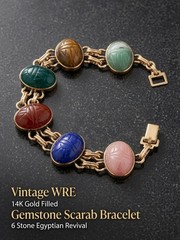 Vintage WRE 14K Gold Filled Gemstone Scarab Bracelet 6 Stone Egyptian Revival