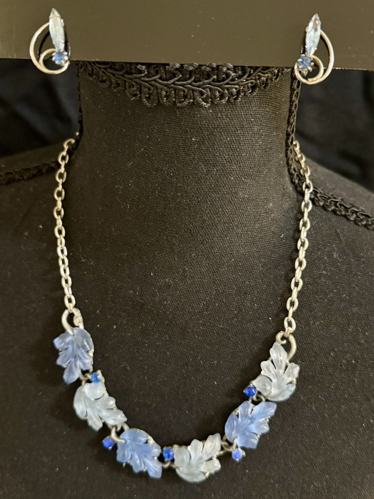 Vintage Blue Thermoset Leaves & Rhinestones Necklace & Earrings Set