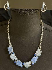 Vintage Blue Thermoset Leaves & Rhinestones Necklace & Earrings Set