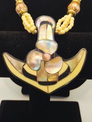 Vintage 1960s Abalone Shell Anchor Pendant Necklace Mid-Century Nautical Beaded