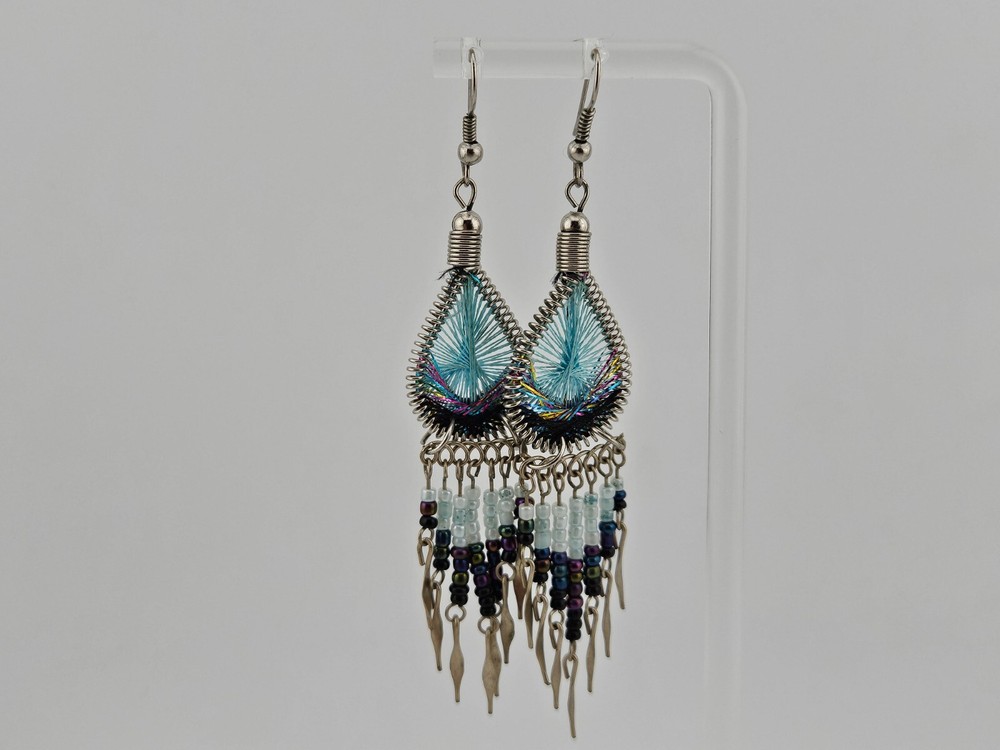 Vintage Estate BLUE DREAM CATCHER Dangle Earrings 3.5 INCHES LONG!