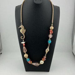 Vtg 1980s Necklace Coastal Style GoldT Seahorse Seashell Mixed Beads 1.5 Oz 22”L