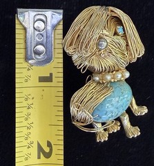 Vintage Gold tone wired faux turquoise pearl Dog Brooch Pin Jewelry