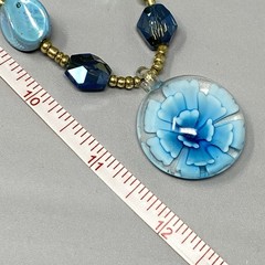 Bursting Glass Flower Pendant Necklace Blue Borosilicate Acrylic Beads 21″