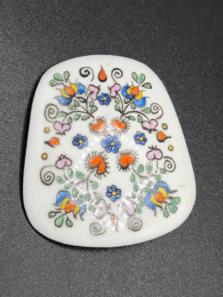 Vintage Enamel on Copper Florals and Hearts Brooch