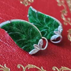 RARE Solid 14k White Gold Carved Spinach Green Jade Large Vintage Earrings