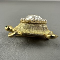 Vintage JJ Jonette Turtle Brooch Gold Tone Faux Pearl Cameo Figural Pin