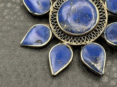 VTG Lapis Lazuli Silver Tone Flower Brooch Pin Nepal Sun Celestial Boho Ethnic