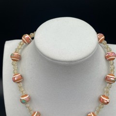 Vintage Orange White Striped Glass Bead Choker Necklace Crystal Spacers 15 in