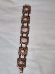 Copper Glitter Confetti Cream Lucite Acrylic Metal Link Panel Bracelet Vintage