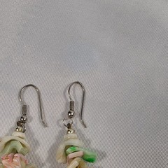Dangle Drop Earrings Green White & Pink Irregular Shell Chips French Wire