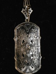Antique Art Deco 14K White Gold Diamond Emerald Filigree Necklace 4.51g