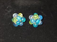 Vtg 1960s Lucite Bead Jewelry Set Double Strand Necklace Blue Green Clip…
