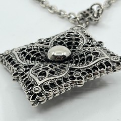 Vintage Retro Silver Tone Filigree Square Pendant Necklace Ornate Boho Style