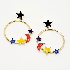 Stars Crescent Moon Colorful Enamel Metal Gold Tone Round Hoop Pierced Earrings
