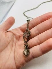 Vintage Egyptian Revival Art Nouveau Lavalier Filigree Scarab Beetle Necklace