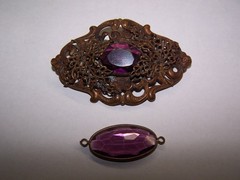 amethyst glass & brass filigree antique brooch pin & pendant