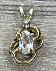 Vintage 14K Solid Yellow Gold White Sapphire & Tiny Diamond Pendant .88g Signed