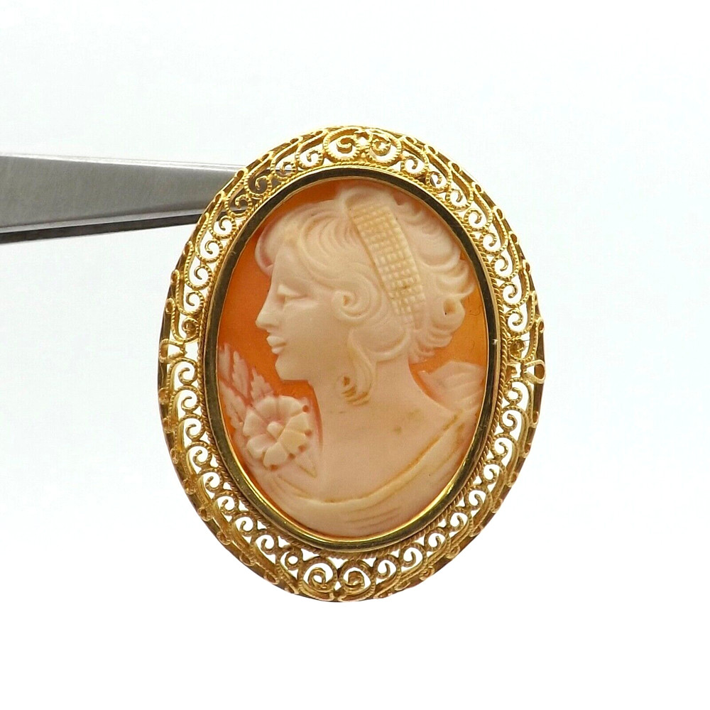 Victorian 18k Gold Carved Shell Cameo Pendant Brooch Pin Left Facing Woman Italy