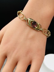 VTG. 1940-50s Sterling Silver 12K Gold Filled Purple Glass Flower Bracelet 6 3/4
