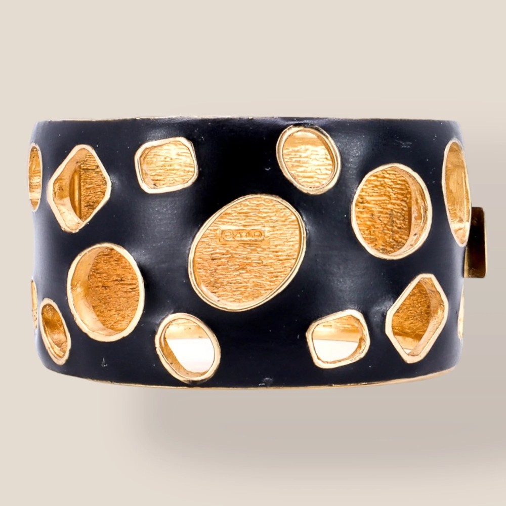 CINER, Signed Vintage, 18k Gold Plated, Jet Enamel Geometric Bracelet