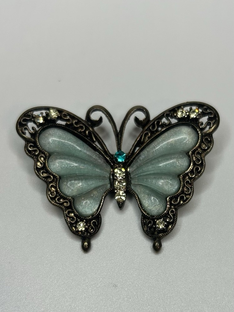 Vintage Butterfly Silver Tone Pin Brooch Light Blue And Yellow Stones