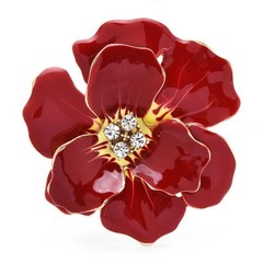 Poppy Flower Red Enamel Brooch Pin Gold Tone Crystal Rhinestone Jewelry