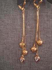 Puffy hearts & crystal bezel-set heart tassel earrings, multi chain, cascading