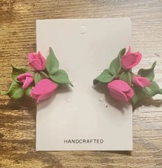 Vintage Post Earrings Pink Polymer Clay Flowers Rose Bush New