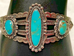 Fred Harvey Era Bell Trading Post Turquoise Three Stone Sterling Cuff Bracelet