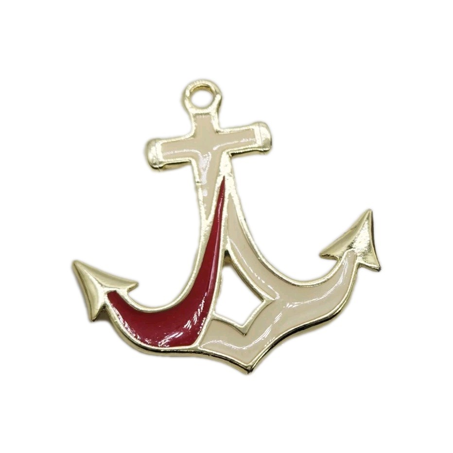 Anchor Ship Brooch Red White Enamel Gold tone Vintage 2.25 in