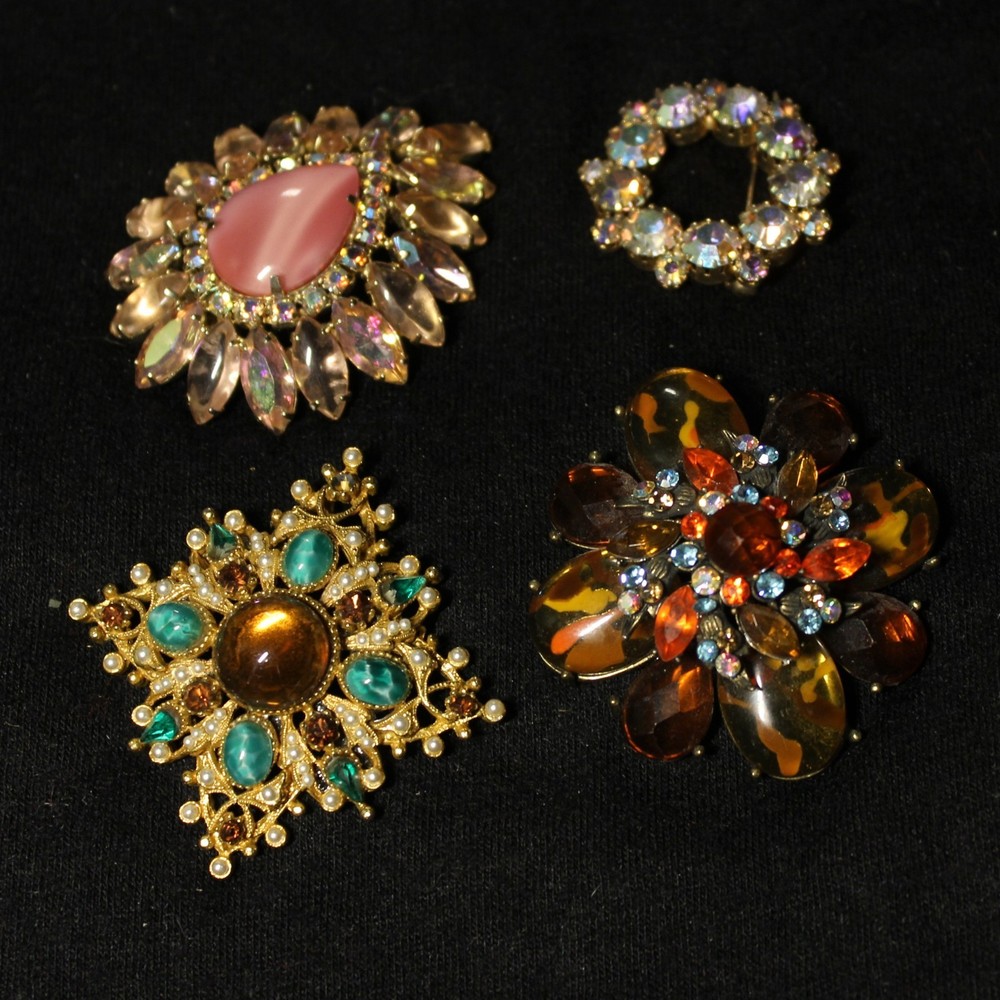 Lot of 4 Jelly AB Vintage Brooches 1.5-2.5″ Capri Pink Purple Green Teal Orange