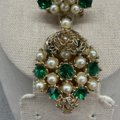 Vintage Brooch Pendant Imitation Pearl Green Rhinestones 2.5 Inches