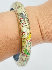 Vintage Tropical Parrot Bird Bangle Bracelet Hand Painted Gold Statement