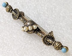 Vintage Etruscan Revival Seed Faux Pearls & Tiny Blue Cabs Bar style Brooch