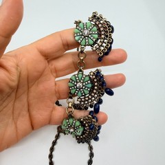 Vintage Antique Gold Tone Bib Necklace Floral Green Resin Navy Blue Bead Fringe